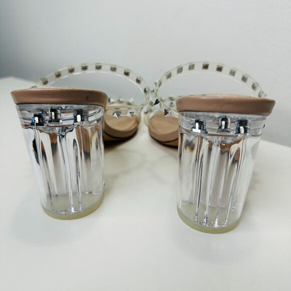 Steve Madden Nude Lucite Tangent Cone Heel Clear Silver Studded Strappy Sandal 9 - Picture 12 of 16